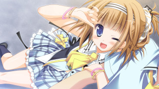 Girl ponytail blue eyes posing - her head free wallpaper