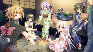 Anime girls table cats group - a group of anime girls free wallpaper