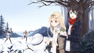 Anime characters snow snowman tree - official art free wallpaper for desktop