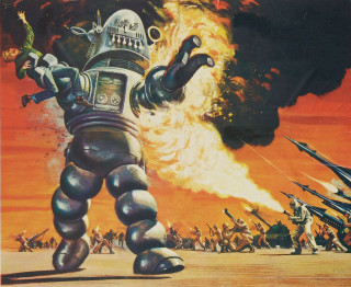 Robot fire background people foreground - les automatiste free wallpaper
