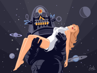 Woman giant robot space planets - planet free wallpaper