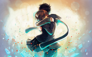 Couple hugging air squares shapes - a manga drawing free wallpaper for desktop