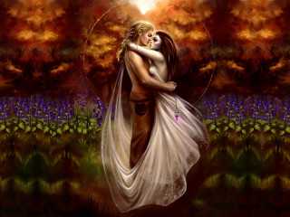 Couple embracing field flowers sun - a storybook illustration free wallpaper for desktop