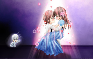Couple hugging bubbles room cat - neoromanticism free wallpaper
