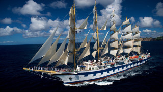 Large white sailboat people water - full free wallpaper