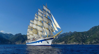 Large white blue ship sailing - kitsch movement free wallpaper