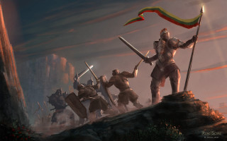 Knights holding flags standing hill - fantasy concept art free wallpaper