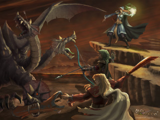 Woman dragon fighting man sword - epic fantasy free wallpaper