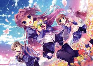 Anime girls flying flowers windmill - the air free wallpaper
