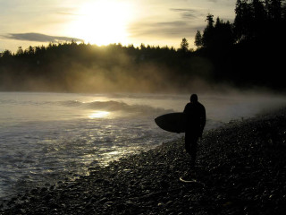 Man holding surfboard beach sunset - the water and trees free wallpaper