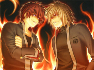 Anime characters fire background arms - two anime character free wallpaper