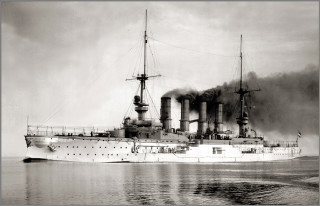 Large ship smoke stacks water - matte drawing free wallpaper