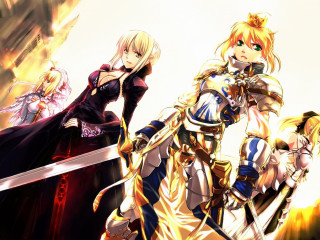 Anime characters group swords holding - fantasy art free wallpaper