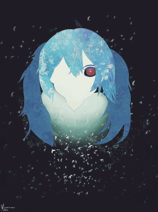Blue haired anime girl red - bird free wallpaper
