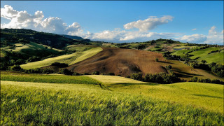 Green field hill clouds blue - a hill in the background free wallpaper