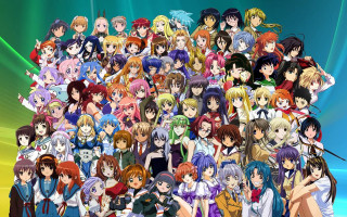 Anime characters rainbow background green 2 - maximalism free wallpaper
