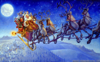 Santa sleigh reindeer fullmoon aurora - full free wallpaper