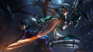 Futuristic women guns dark alley - a demon in the background and a demon in the foreground free wallpaper
