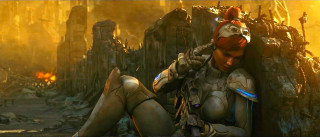 Woman sitting rock futuristic fire - a futuristic setting free wallpaper