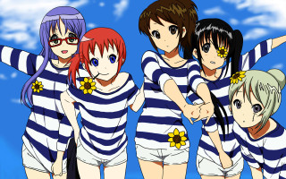 Anime girls striped shirts shorts - a picture together free wallpaper