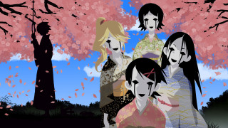 Group people tree pink flowers - a blue sky behind them free wallpaper