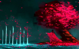 Woman tree red leaves candles - under a tree free wallpaper