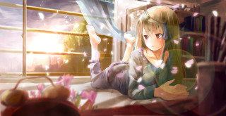 Girl sitting bed hands up - a window behind her free wallpaper