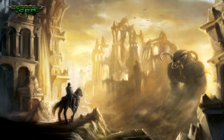 Man horse city ruins castle - a painting of a man riding free wallpaper