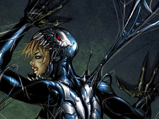 Woman black suit spider arm - biopunk free wallpaper