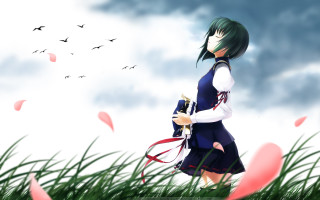Girl blue dress field birds - bird free wallpaper for desktop