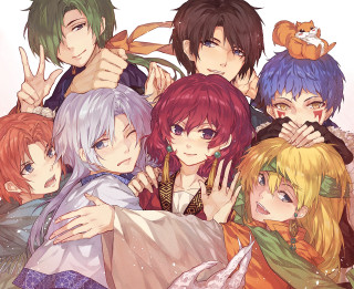 Anime characters group pose hands 2 - rich vivid color free wallpaper