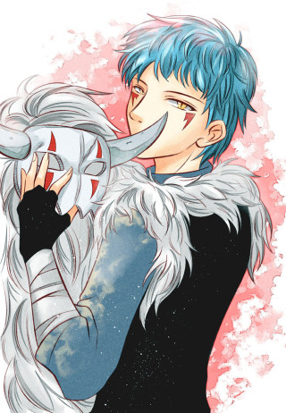 Blue hair demon mask baioken - anime art free wallpaper