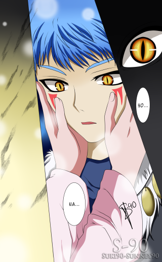 Blue hair yellow eyes hands - their face free wallpaper
