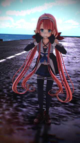 Anime red hair black outfit - a beach free wallpaper