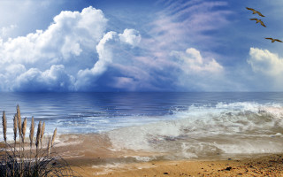 Beach wave crashing birds flying - a painting of a beach free wallpaper