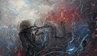Red blue background autodestructive ufotable - two person free wallpaper