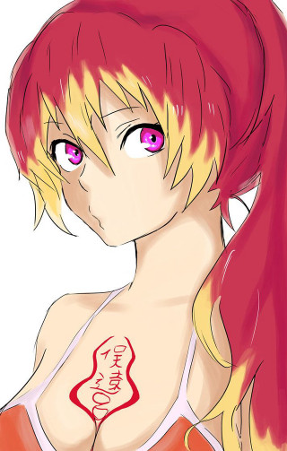 Girl pink eyes red hair - half body free wallpaper