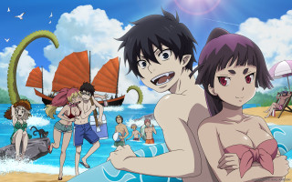 Cartoon man woman beach boat - baiōken eishun free wallpaper