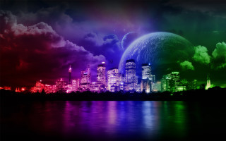 City skyline rainbow colored sky - felipe seade free wallpaper