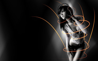 Woman white shirt headphones orange - video art free wallpaper