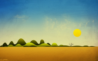 Sun tree mountain night sky - a painting of a landscape free wallpaper
