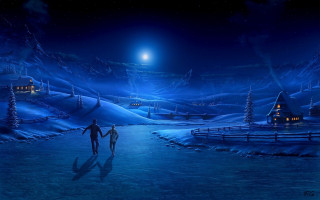 Couple walking snowy road night - a couple walking free wallpaper
