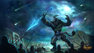 Man sword crowd dark sky - a painting of a man holding free wallpaper