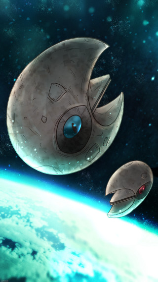 Spaceship floating over planet sky - free sci-fi wallpaper