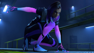 Futuristic woman crouching neon light - a futuristic outfit free wallpaper