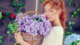 Woman holding basket flowers smiling - a basket of flowers free wallpaper