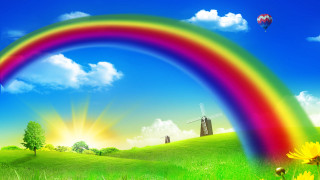 Rainbow field windmill sky sunbeam - rich vivid color free wallpaper