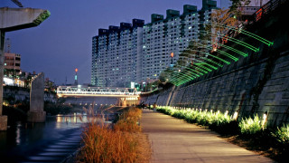 Walkway river bridge nighttime lights - a bridge in the background free wallpaper