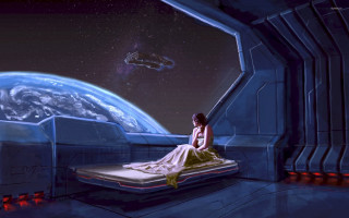 Spacewoman earth view spaceship matte - matte painting concept art free wallpaper