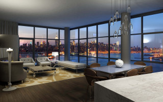 Living room city night window - table free wallpaper